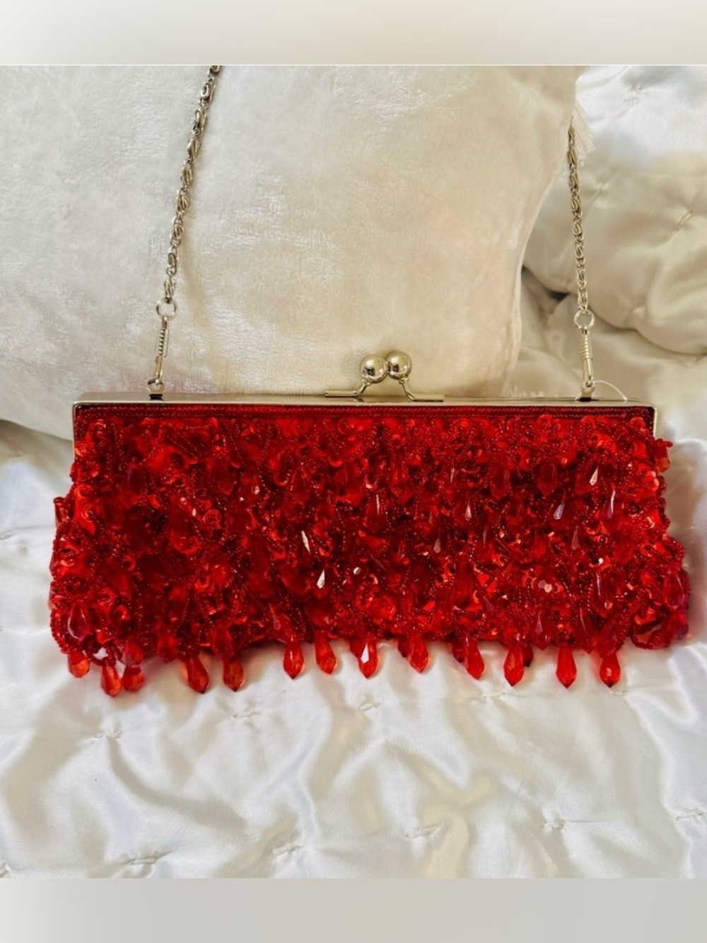 Lapis Red Beaded Evening Clutch with Silver Chain - Picture 4 of 5